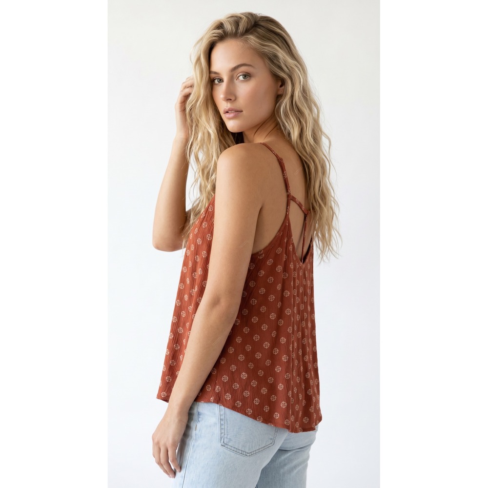 Daytrip Rust Orange Floral Print Cami Tank Top T-Strap Back Boho Rayon Small - Picture 2 of 8